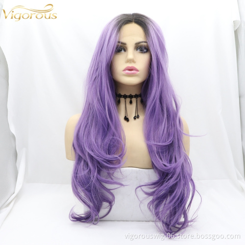 Vigorous long wave half ombre purple cheap curly dropshipping lace front full heat resistant synthetic hair wigs for women